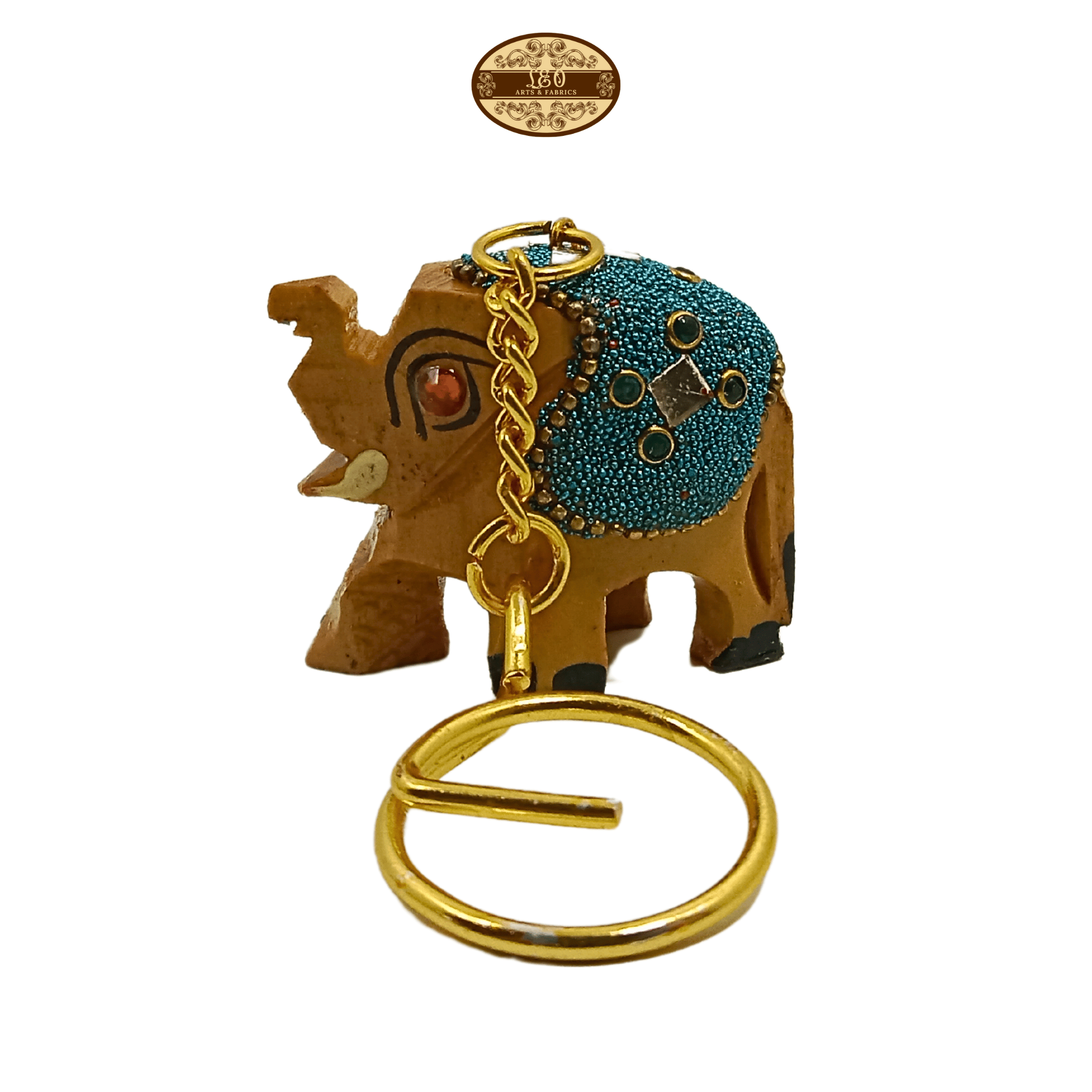 Handcrafted Wooden Elephant Key Chain, Decorative, Bajni Design, Blue, 6.5 cm x 6 cm x 4.5 cm