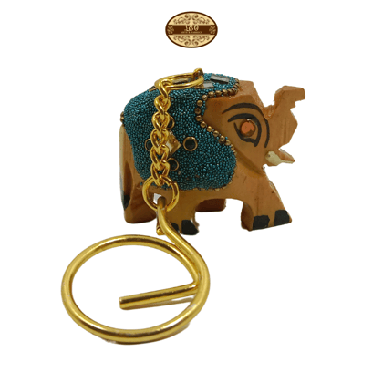 Handcrafted Wooden Elephant Key Chain, Decorative, Bajni Design, Blue, 6.5 cm x 6 cm x 4.5 cm