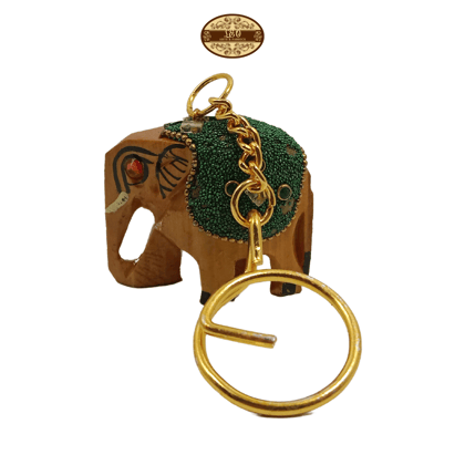 Handcrafted Wooden Elephant Key Chain, Decorative, Bajni Design, Green, 6.5 cm x 6 cm x 4.5 cm