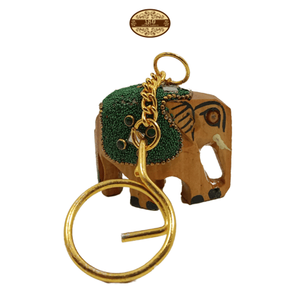 Handcrafted Wooden Elephant Key Chain, Decorative, Bajni Design, Green, 6.5 cm x 6 cm x 4.5 cm