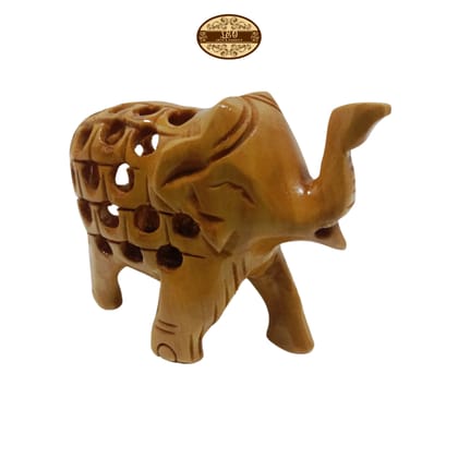 Hand Carved Wooden Undercut Jali Elephant Figurine, Greeting, 5 cm, Pack of 2