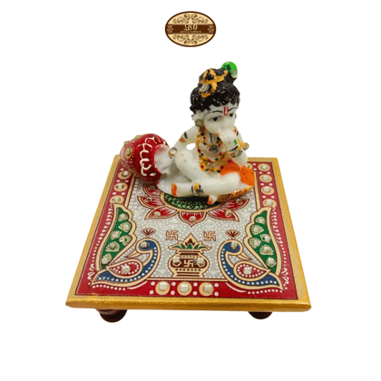 Handcrafted Marble Chowki with Krishna Idol, 10 x 10 x 3 cm Chowki, 8 x 4 x 7 cm Krishna Idol