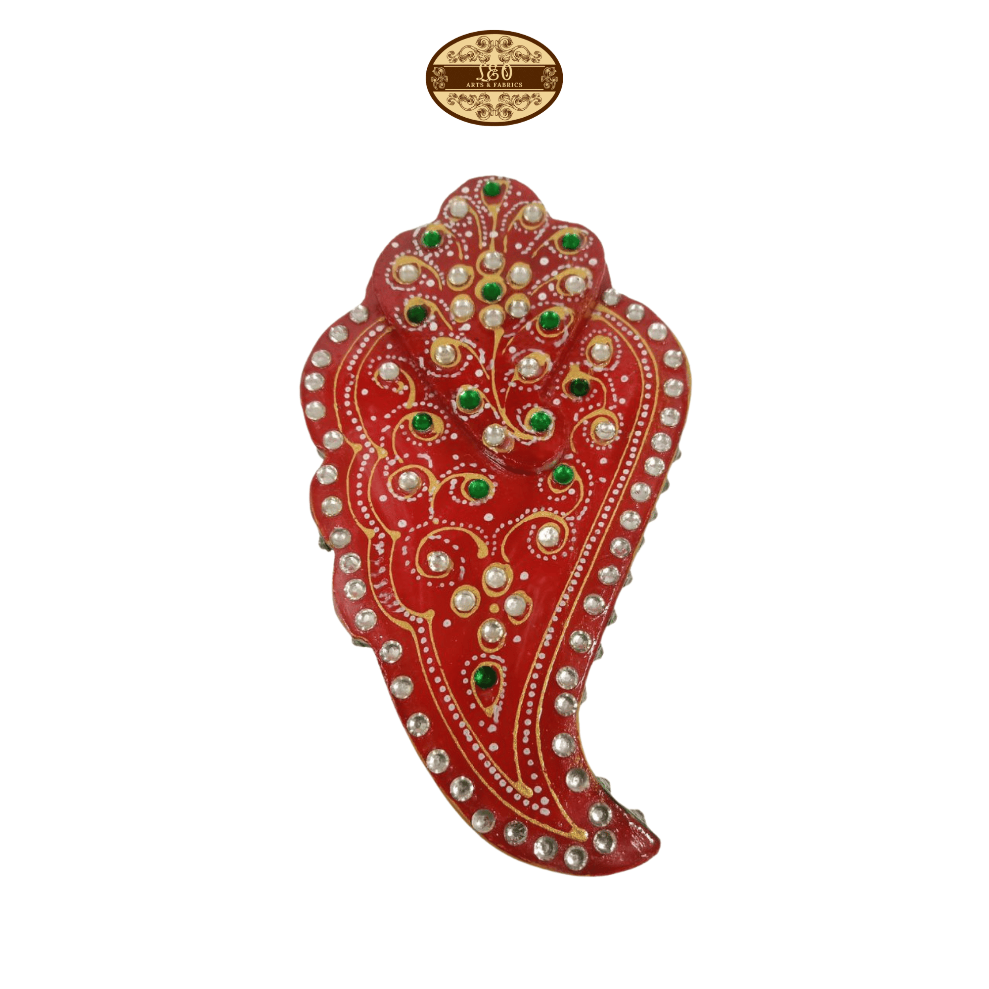 Handmade Marble Meenakari Ganapati Chopda, 13cm x 8cm x 3cm, Red with Green and Pearl Embellishments - STYLE-1