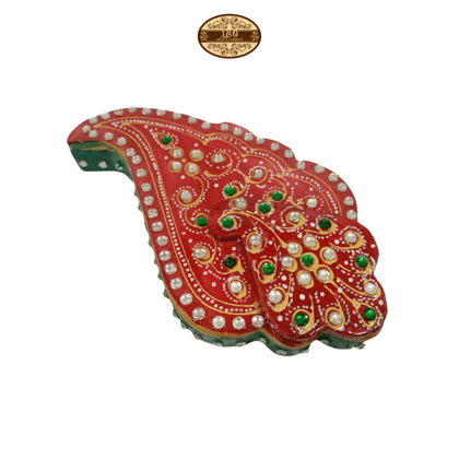 Handmade Marble Meenakari Ganapati Chopda, 13cm x 8cm x 3cm, Red with Green and Pearl Embellishments - STYLE-1