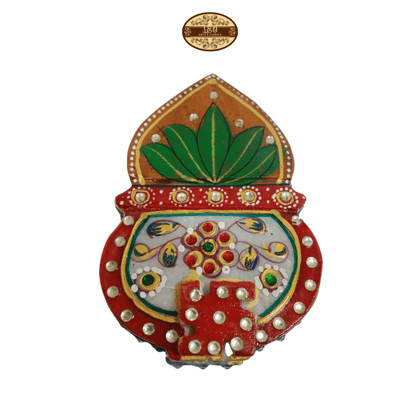 Handmade Marble Meenakari Chopda Kalash, 13cm x 8cm x 3cm, Red with Green and Pearl Embellishments - STYLE-2