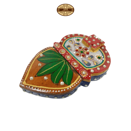 Handmade Marble Meenakari Chopda Kalash, 13cm x 8cm x 3cm, Red with Green and Pearl Embellishments - STYLE-2