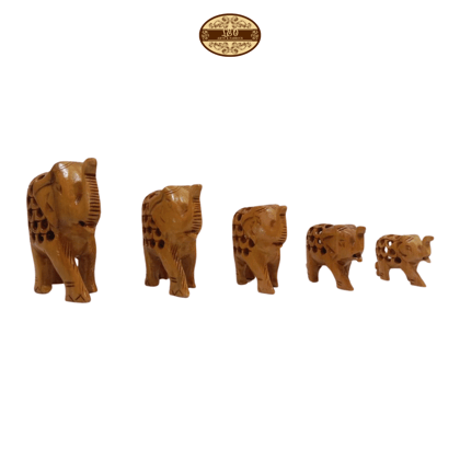 Handcrafted Wooden Elephant Family Figurines, Set of 5, Jali Undercut Design - Smallest 3cm, Largest 8cm