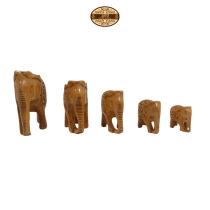 Handcrafted Wooden Elephant Family Figurines, Set of 5, Plain Design - Smallest 3cm, Largest 8cm