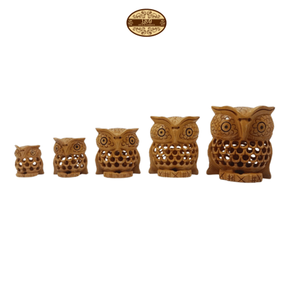 Handcrafted Wooden Owl Family Figurines, Set of 5, Jali Undercut Design, 3.5cm to 8cm