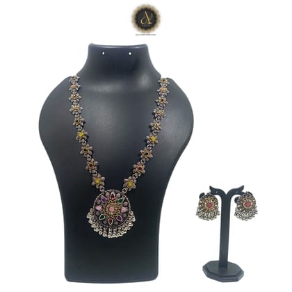 ARTIK HALLMARK Luxury Handcrafted Necklace Jewellery Set with Ear Rings, Oxidized, Round Pendant, Multi AD, Center stone Light Pink ARTIK HALLMARK Luxury Handcrafted Necklace Jewellery Set with Ear Rings, Oxidized, Round Pendant, Multi AD, Center stone Light Pink