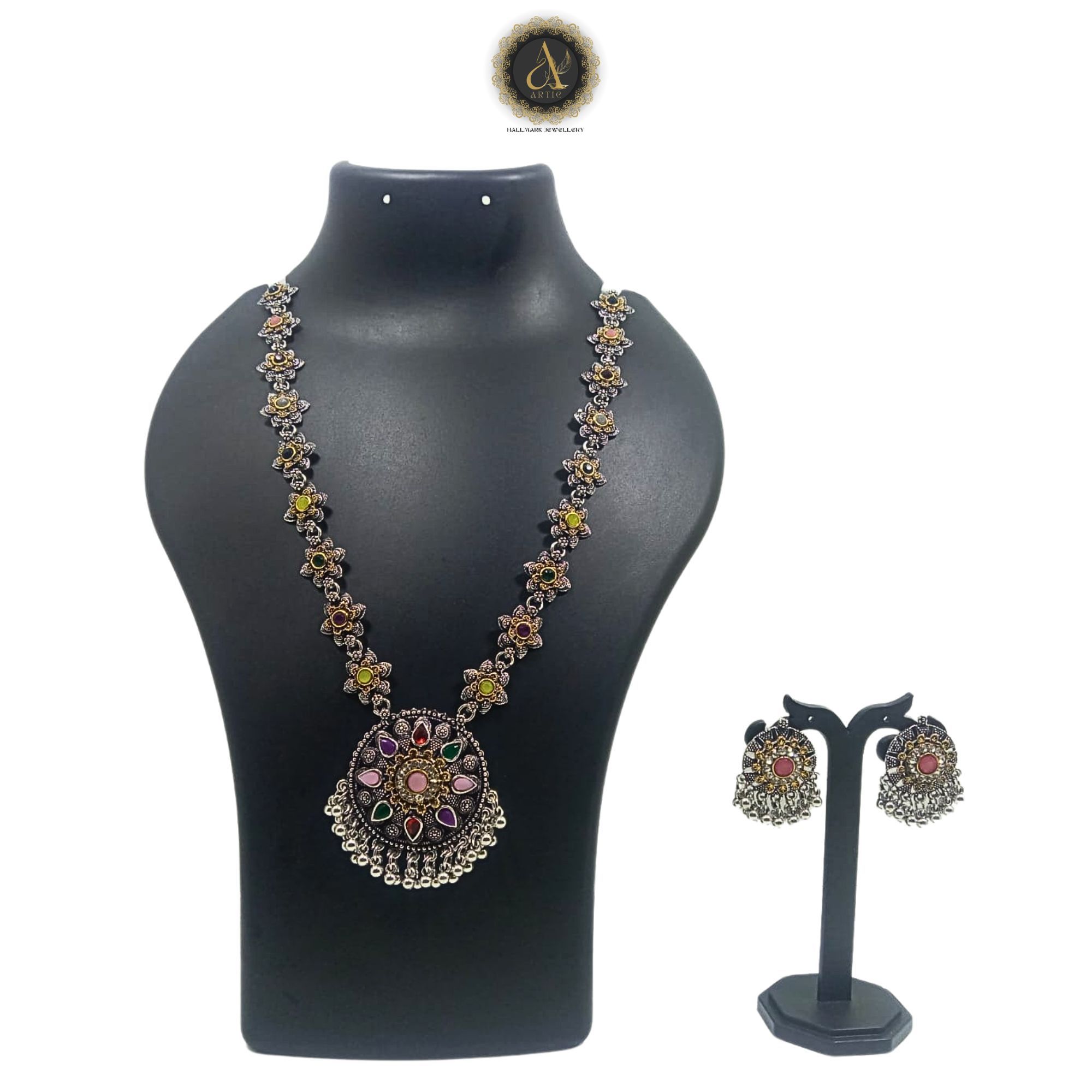 ARTIK HALLMARK Luxury Handcrafted Necklace Jewellery Set with Ear Rings, Oxidized, Round Pendant, Multi AD, Center stone Light Pink