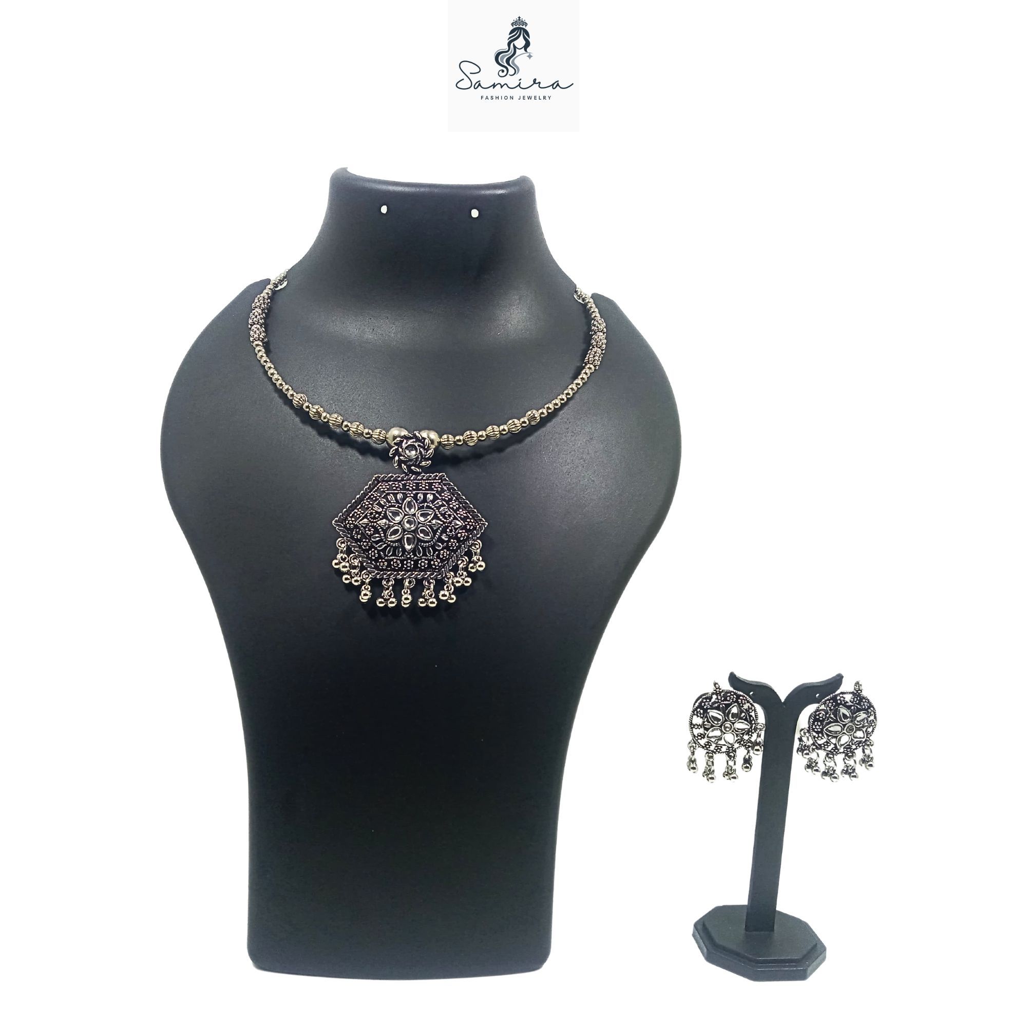 SAMIRA Luxury Handcrafted Necklace Jewellery Set with Ear Rings Oxidized Rhombus Pendant