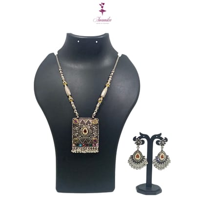 ANAMIKA Luxury Handcrafted Necklace Jewellery Set with Ear Rings, Oxidized, Square Pendant, AD White, Pearls