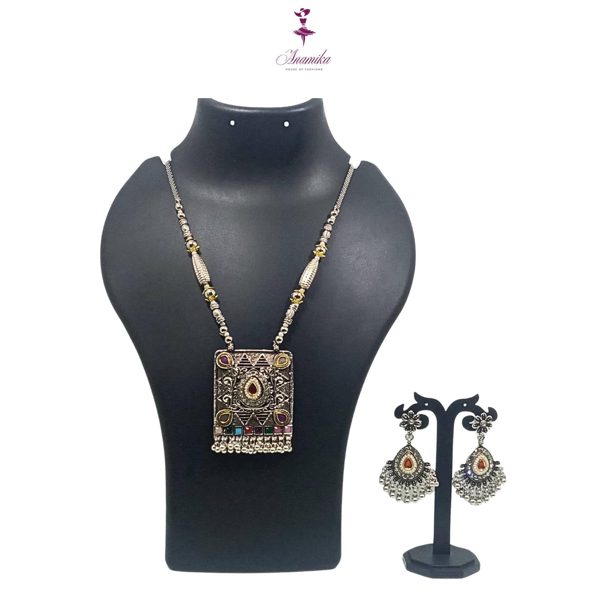 ANAMIKA Luxury Handcrafted Necklace Jewellery Set with Ear Rings, Oxidized, Square Pendant, AD White, Pearls