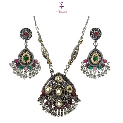 ANAMIKA Luxury Handcrafted Necklace Jewellery Set with Ear Rings, Oxidized, Oval Pendant,  Multicolored Stones, Pearls