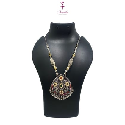 ANAMIKA Luxury Handcrafted Necklace Jewellery Set with Ear Rings, Oxidized, Oval Pendant,  Multicolored Stones, Pearls