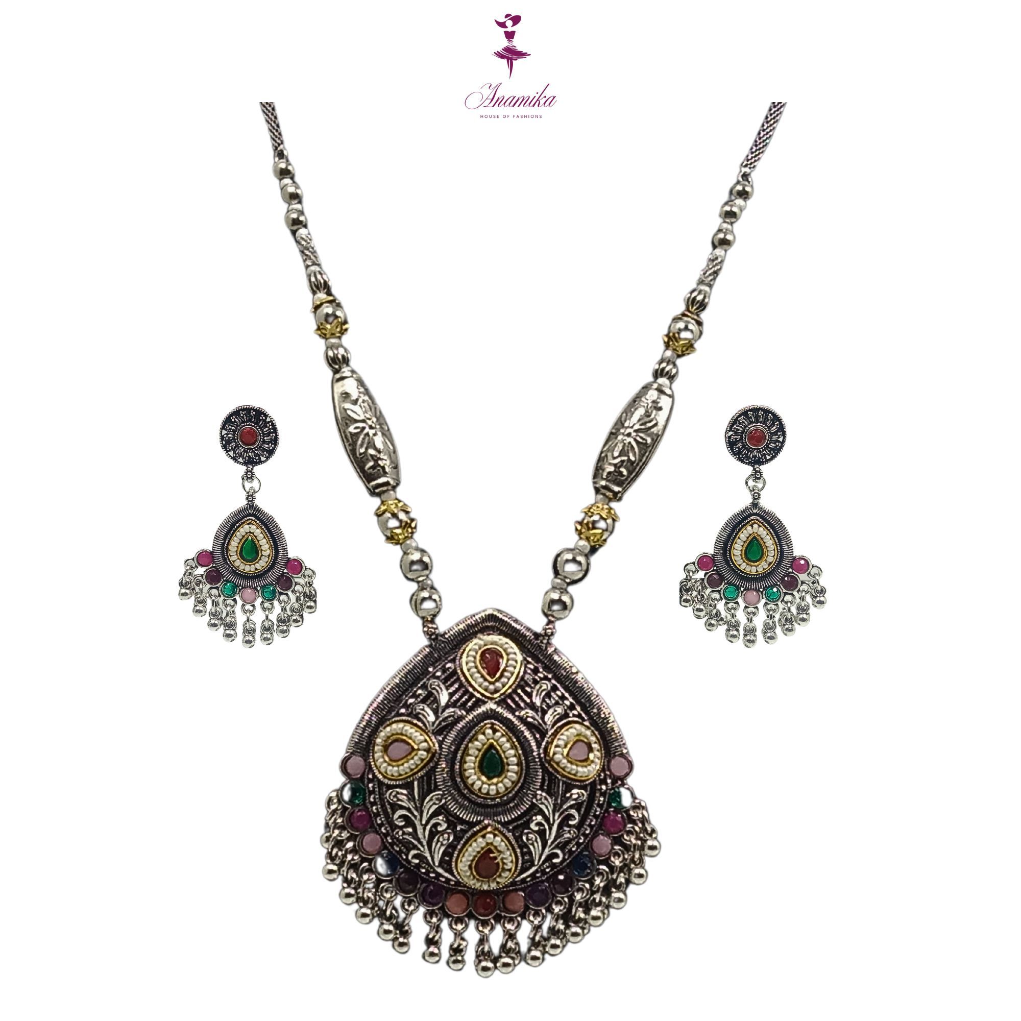 ANAMIKA Luxury Handcrafted Necklace Jewellery Set with Ear Rings, Oxidized, Oval Pendant, Pearls, Stones Green, Pink, Purple