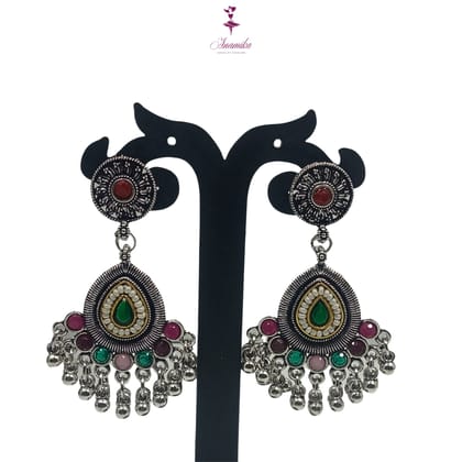 ANAMIKA Luxury Handcrafted Necklace Jewellery Set with Ear Rings, Oxidized, Oval Pendant,  Pearls, Stones Green, Pink, Purple