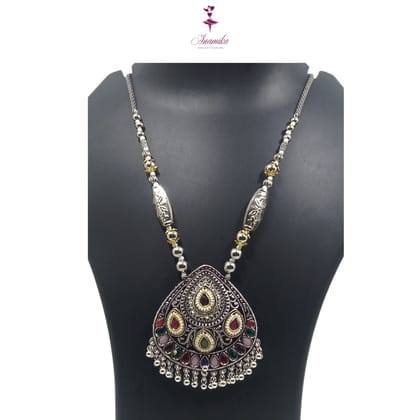 ANAMIKA Luxury Handcrafted Necklace Jewellery Set with Ear Rings, Oxidized, Oval Pendant, AD Pearls, Pink, Purple, Grey