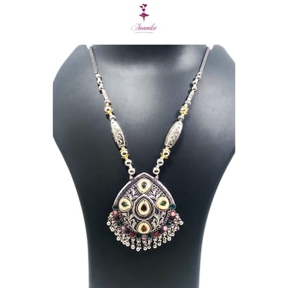 ANAMIKA Luxury Handcrafted Necklace Jewellery Set with Ear Rings, Oxidized, Oval Pendant,  Grey Pink and Green stone