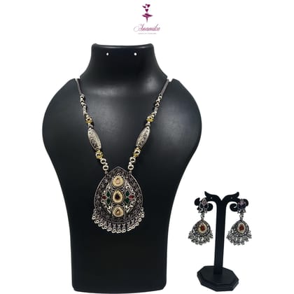 ANAMIKA Luxury Handcrafted Necklace Jewellery Set with Ear Rings, Oxidized, Tear-Drop Pendant, AD Pearls, Green, Purple, Red, Baby Pink ANAMIKA Luxury Handcrafted Necklace Jewellery Set with Ear Rings, Oxidized, Tear-Drop Pendant, AD Pearls, Green, Purple, Red, Baby Pink