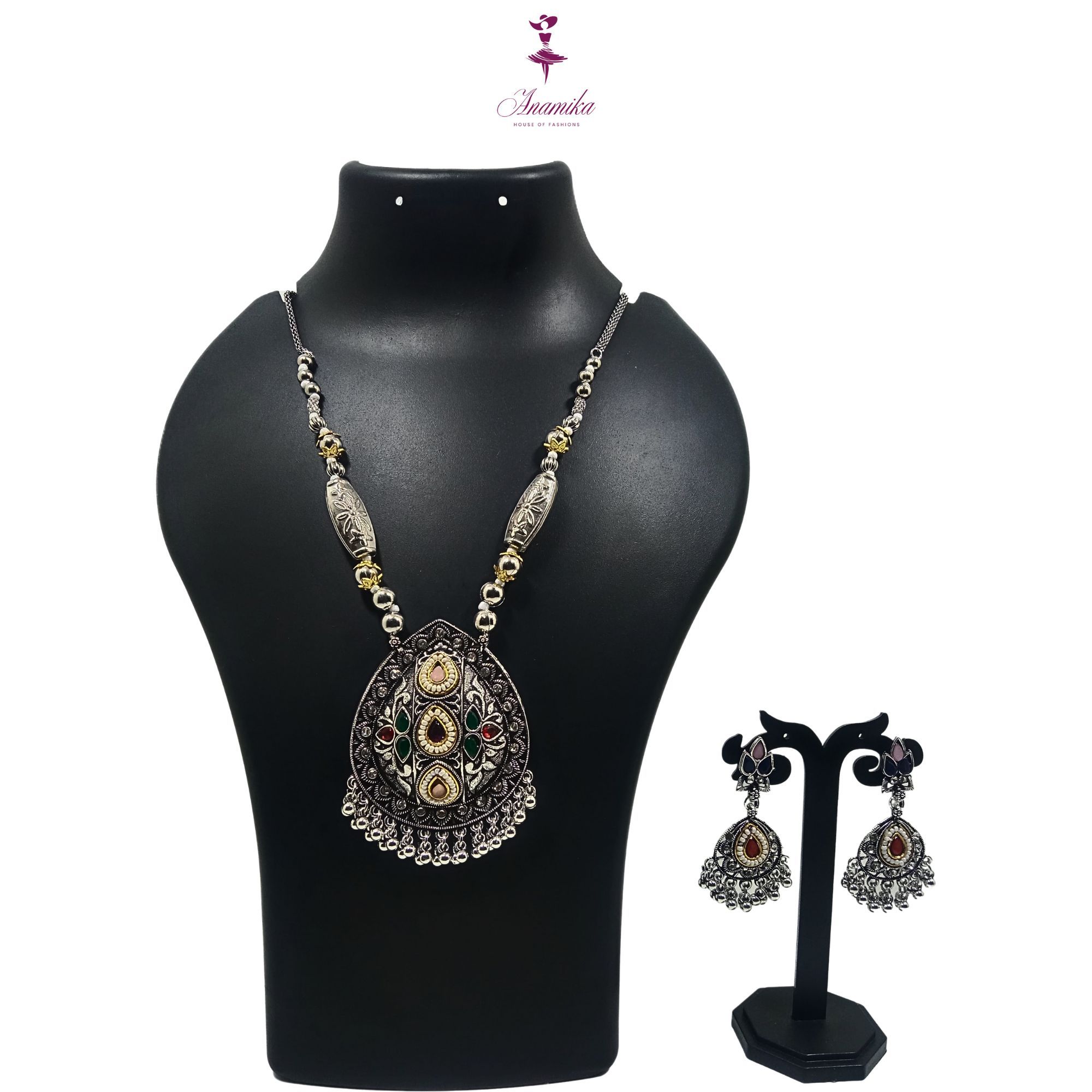 ANAMIKA Luxury Handcrafted Necklace Jewellery Set with Ear Rings, Oxidized, Tear-Drop Pendant, AD Pearls, Green, Purple, Red, Baby Pink