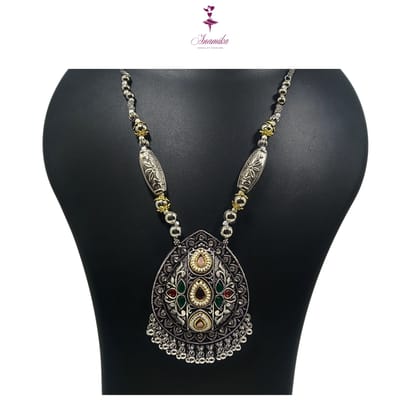 ANAMIKA Luxury Handcrafted Necklace Jewellery Set with Ear Rings, Oxidized, Tear-Drop Pendant, AD Pearls, Green, Purple, Red, Baby Pink