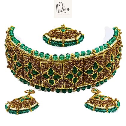 Fiza Luxury Handcrafted Gold Plated Guluband Jewellery Set with Earrings And Mangtika, AD, Pearl, Feroze Blue