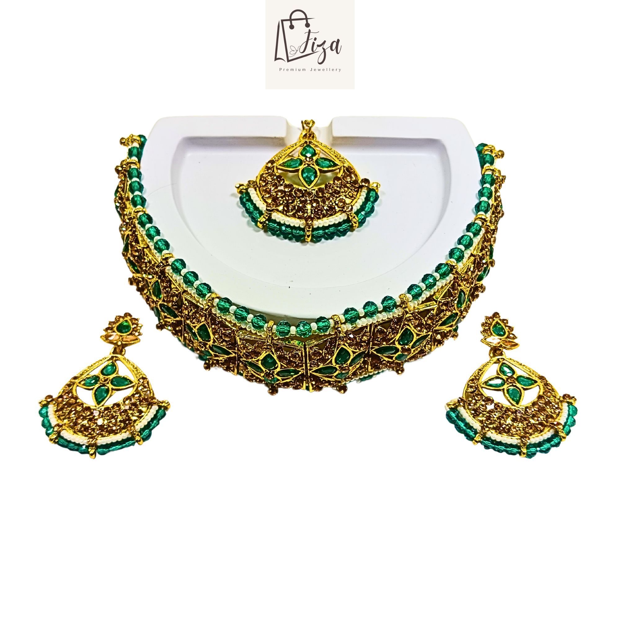 Fiza Luxury Handcrafted Gold Plated Guluband Jewellery Set with Earrings And Mangtika, AD, Pearl, Feroze Blue