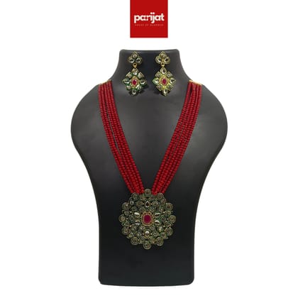 Parijat Luxury Handcrafted Gold Plated Necklace with Earrings, AD, Pearl, Red and White
