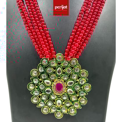 Parijat Luxury Handcrafted Gold Plated Necklace with Earrings, AD, Pearl, Red and White