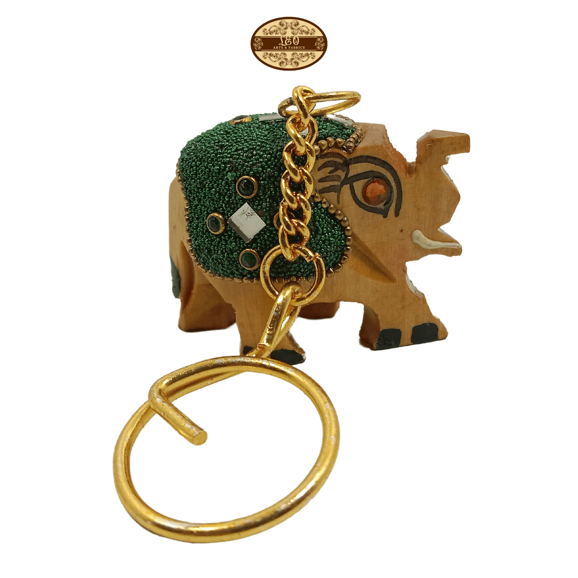 Handcrafted Wooden Elephant Key Chain, Decorative, Bajni Design, Greeting, Green, 6.5 cm x 6 cm x 4.5 cm