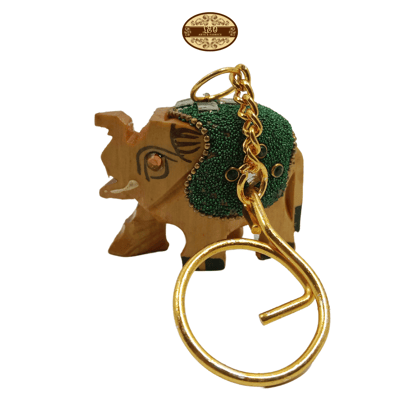 Handcrafted Wooden Elephant Key Chain, Decorative, Bajni Design, Greeting, Green, 6.5 cm x 6 cm x 4.5 cm