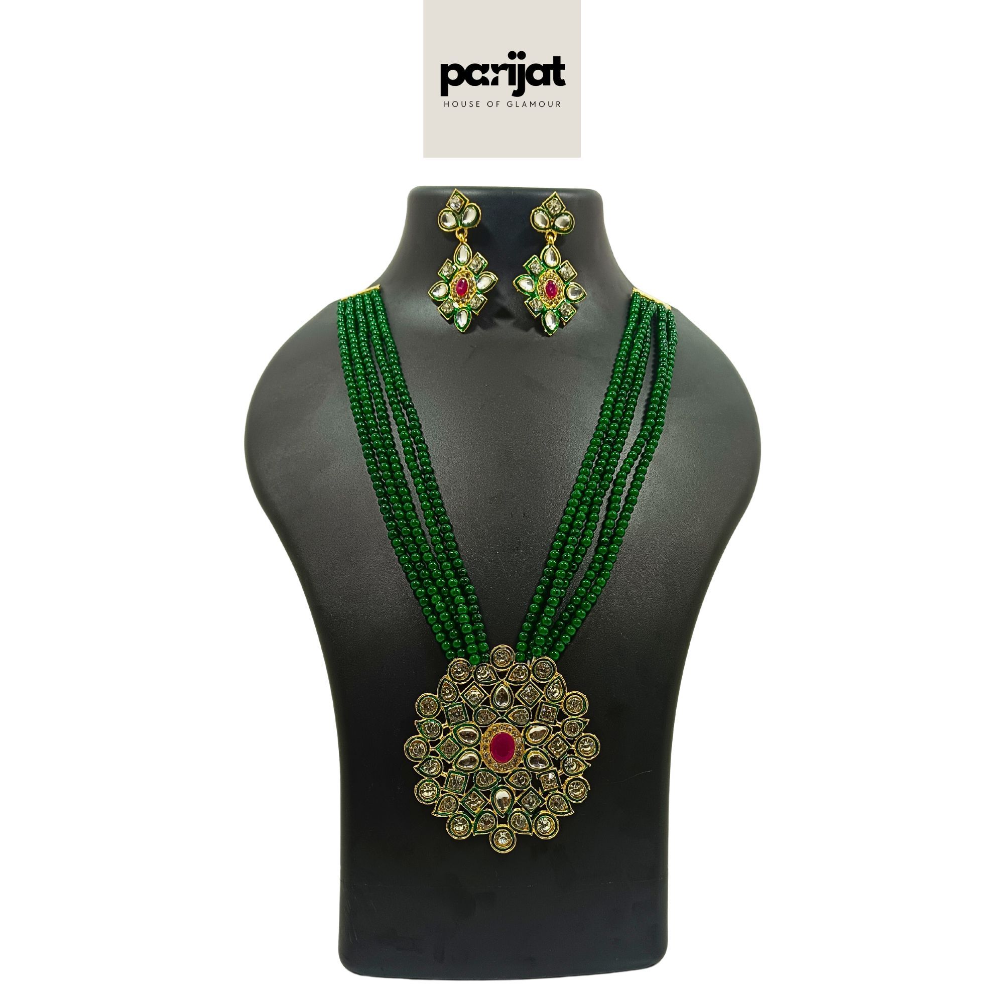 Parijat Luxury Handcrafted Gold Plated Necklace with Earrings, AD, Pearl, Green and White