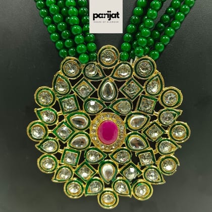 Parijat Luxury Handcrafted Gold Plated Necklace with Earrings, AD, Pearl, Green and White