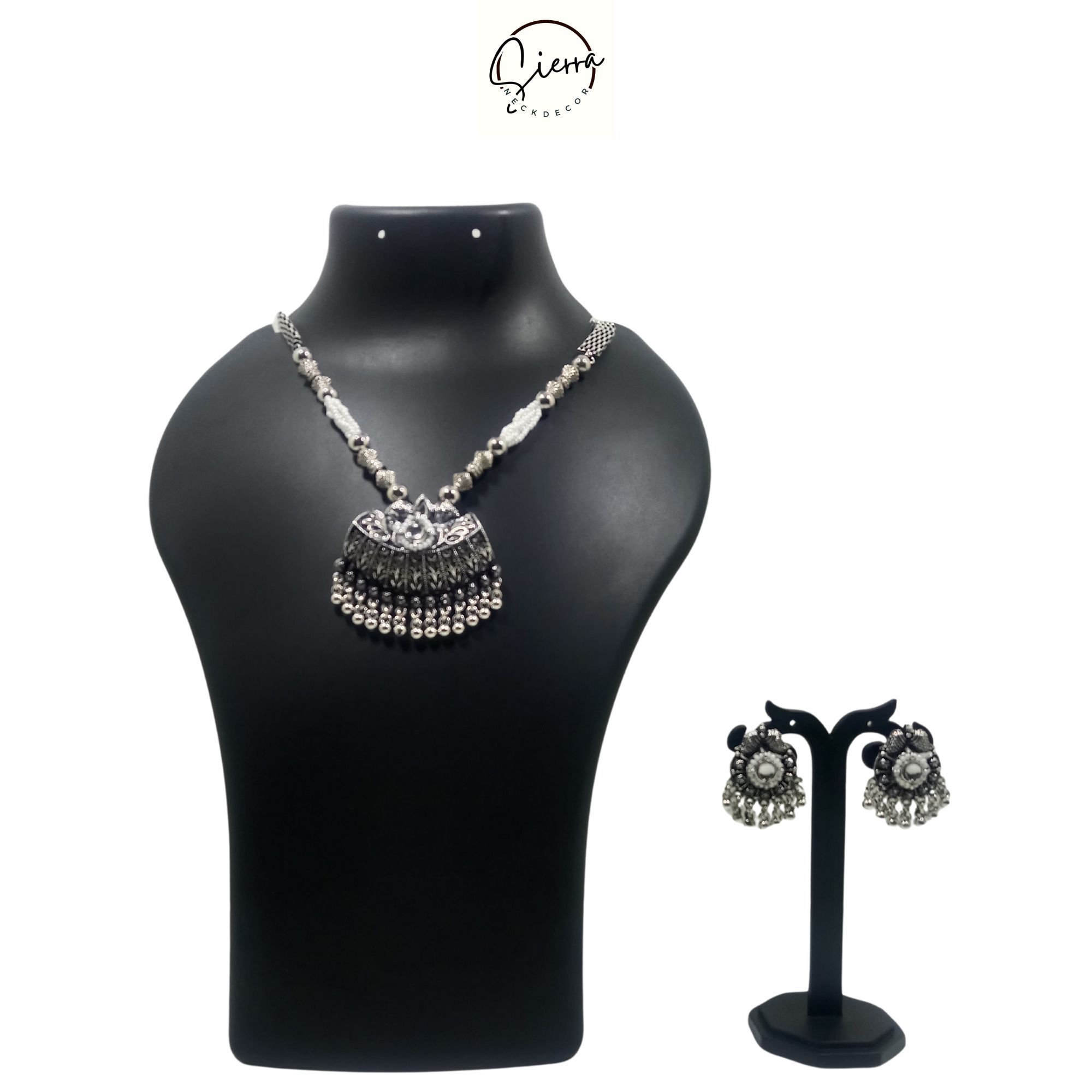 SIERRA Luxury Handcrafted Necklace Jewellery with Ear Rings, Oxidized, Bust Pendant, White AD and Pearls