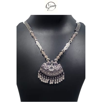 SIERRA Luxury Handcrafted Necklace Jewellery with Ear Rings, Oxidized, Bust Pendant, White AD and Pearls