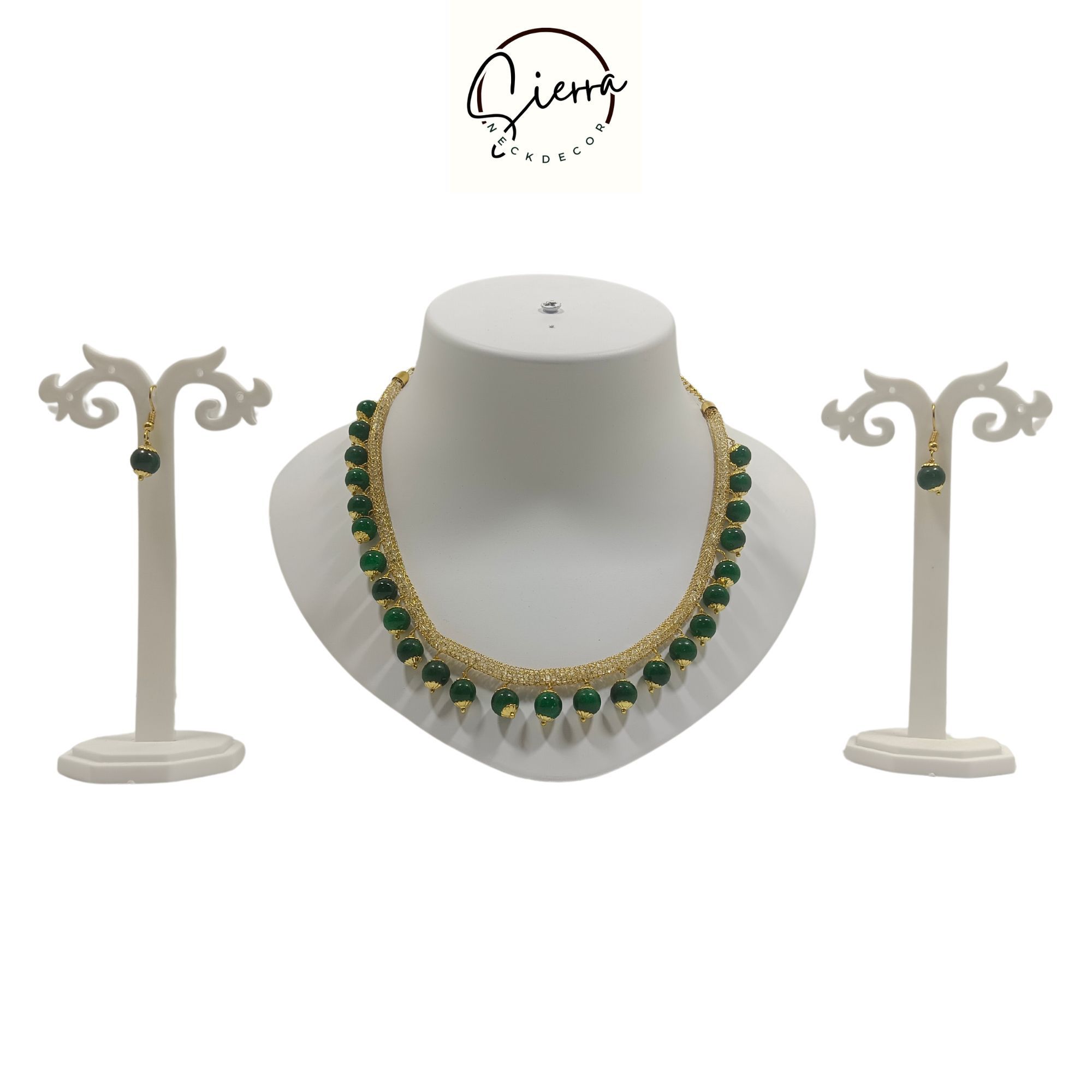 Sierra Luxury Handcrafted Gold Plated Necklace Jewellery Set with Earrings, AD, Pearl - Green