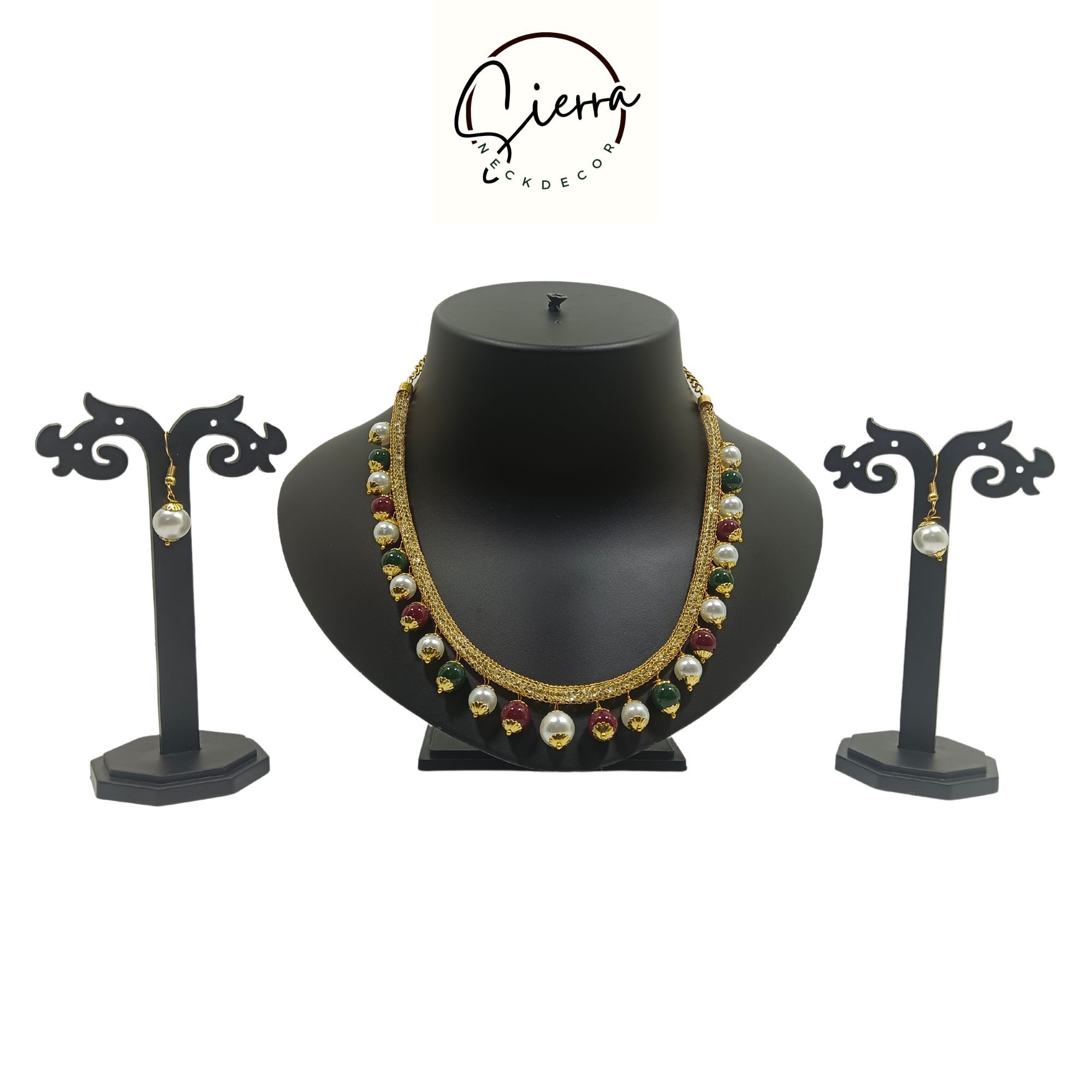 Sierra Luxury Handcrafted Gold Plated Necklace Jewellery Set with Earrings, AD, Pearl - Multicolor