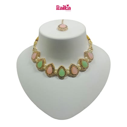 RAIKA - Luxury Handcrafted Gold Plated Necklace Jewellery Set with Earrings And Mangtika Suited for Party Wedding Festive for Women