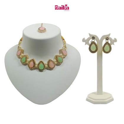 RAIKA - Luxury Handcrafted Gold Plated Necklace Jewellery Set with Earrings And Mangtika Suited for Party Wedding Festive for Women RAIKA - Luxury Handcrafted Gold Plated Necklace Jewellery Set with Earrings And Mangtika Suited for Party Wedding Festive for Women