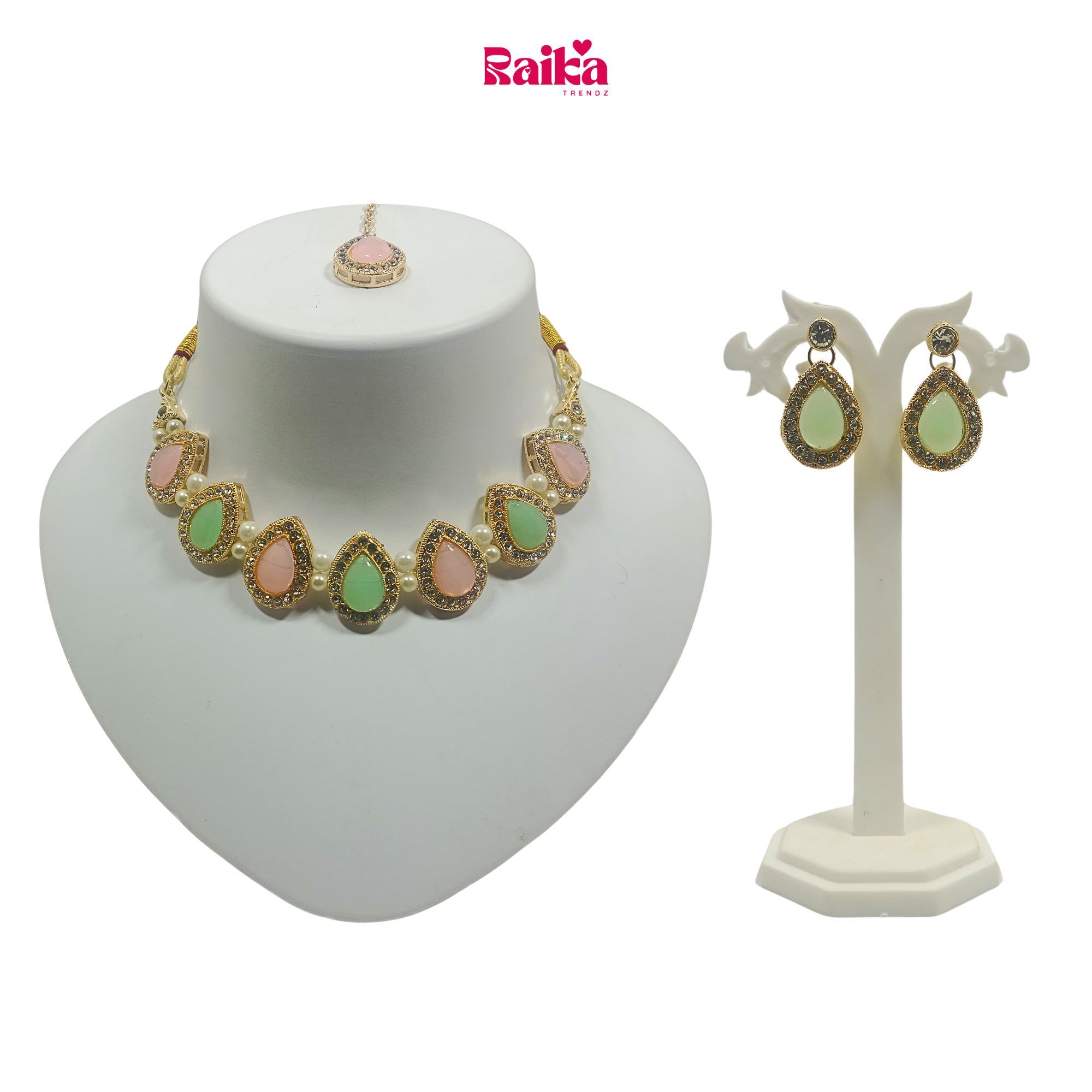 RAIKA - Luxury Handcrafted Gold Plated Necklace Jewellery Set with Earrings And Mangtika Suited for Party Wedding Festive for Women