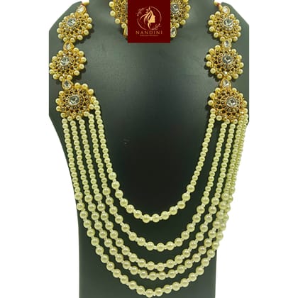 Nandini Luxury Handcrafted Gold Plated Necklace Jewellery Set with Long Chain, Earrings And Mangtika, Clear AD, Pearl Off-White