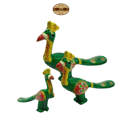 Handcrafted Paper Mache Peacock Figurine, Set of 3, Green