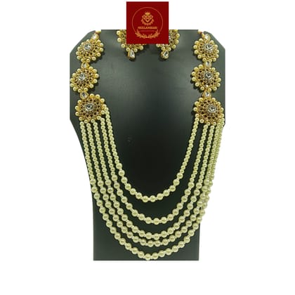 Nandini Luxury Handcrafted Gold Plated Necklace Jewellery Set with Long Chain, Earrings And Mangtika, AD Brown, Sapphire, Pearl Off-White