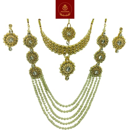 Nandini Luxury Handcrafted Gold Plated Necklace Jewellery Set with Long Chain, Earrings And Mangtika, AD Brown, Sapphire, Pearl Off-White