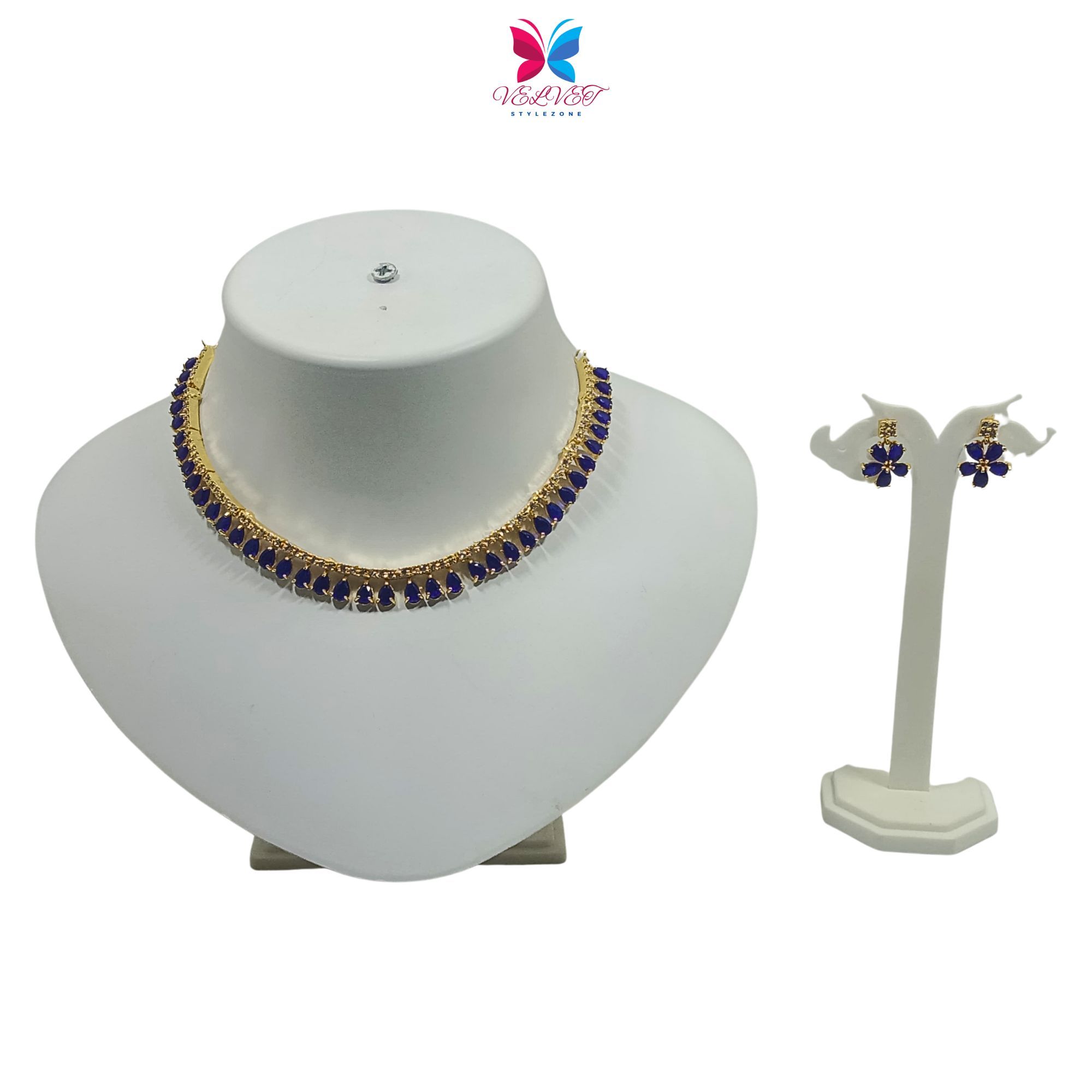 VELVET Luxury Handcrafted Gold Plated Necklace Set, White AD, Blue Stone