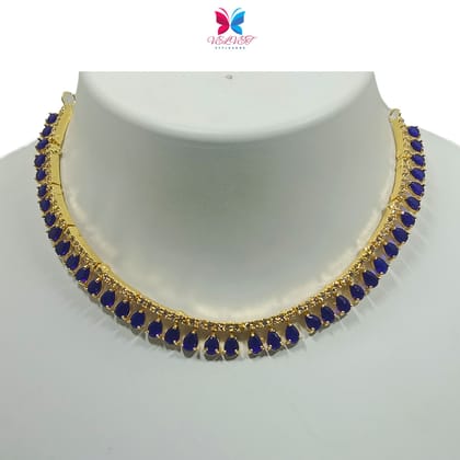 VELVET Luxury Handcrafted Gold Plated Necklace Set, White AD, Blue Stone