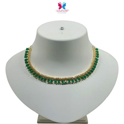 VELVET Luxury Handcrafted Gold Plated Necklace Set, White AD, Green Stone