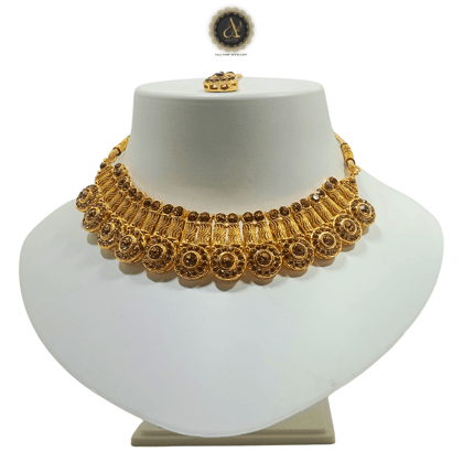 Artik Hallmark - Luxury Handcrafted Gold Plated Spiral Necklace Set with Earrings And Mangtika, Brown AD, Suited for Party Wedding Festive for Women
